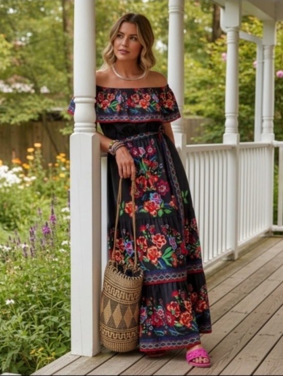 Dresses & Skirts - Floral Ruffle Off Shoulder Belted Elastic Waist Retro 70s Tiered Boho Maxi Dress